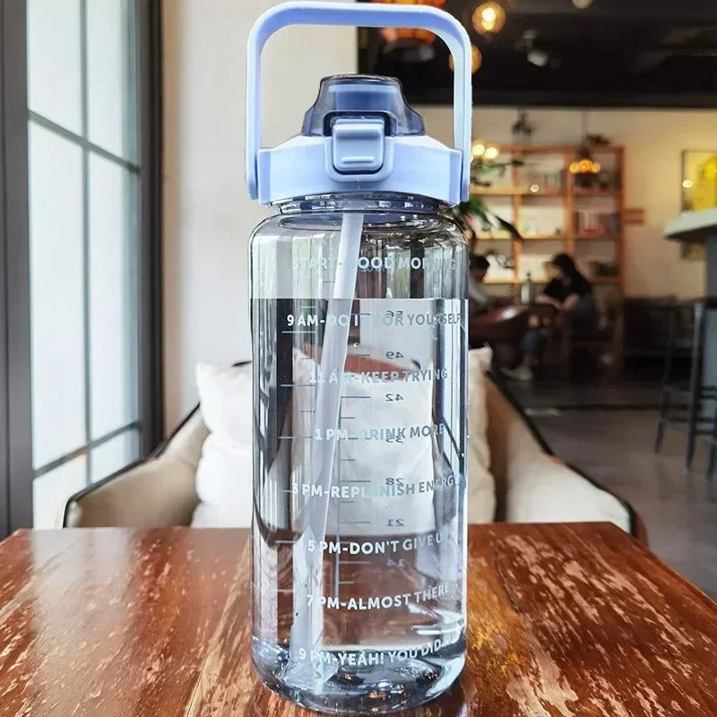 2L Water Bottle with Straw Time Marker Large Sports Fitness Cup
