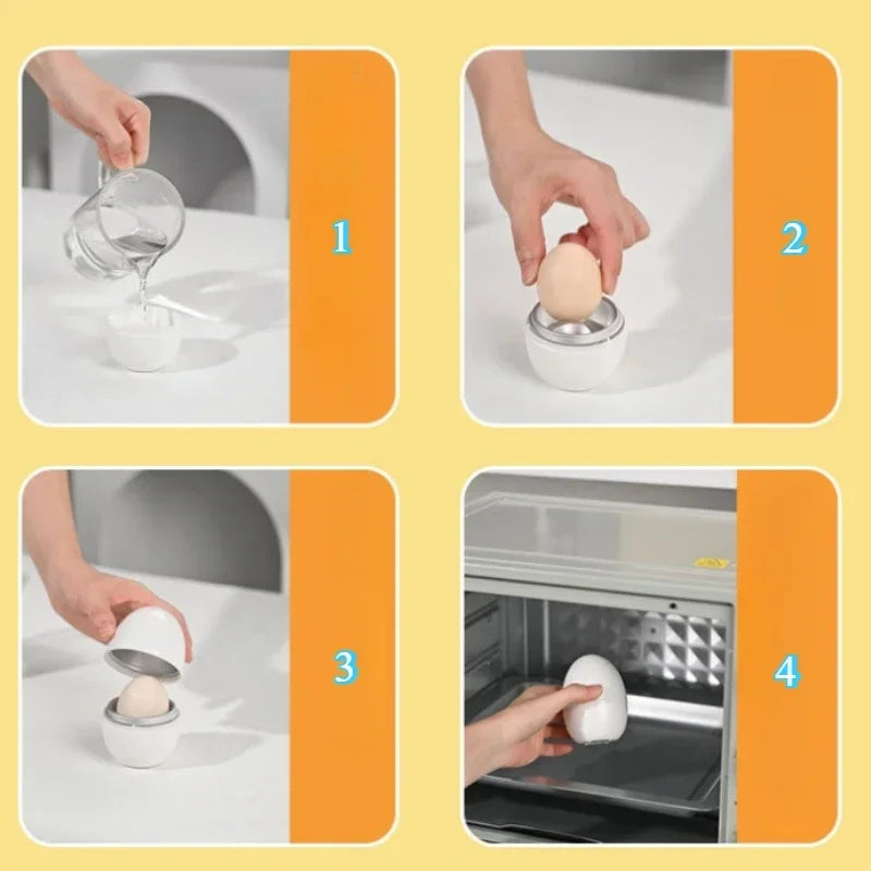 Step-by-step process of using an egg cooker with numbered steps on a yellow background
