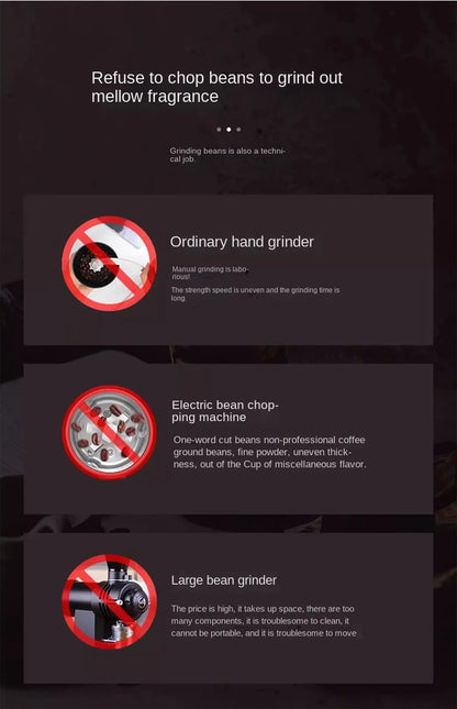Diagram explaining the benefits of using a coffee grinder over other methods on a dark background.