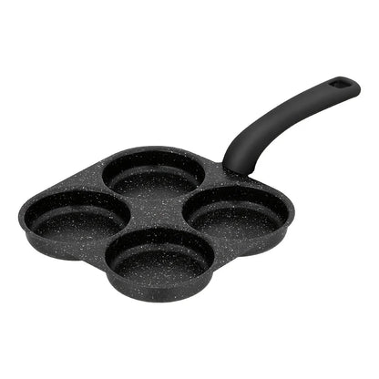 Black cast iron four-socket frying pan on a white background