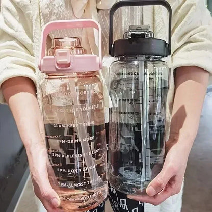 2L Water Bottle with Straw Time Marker Large Sports Fitness Cup