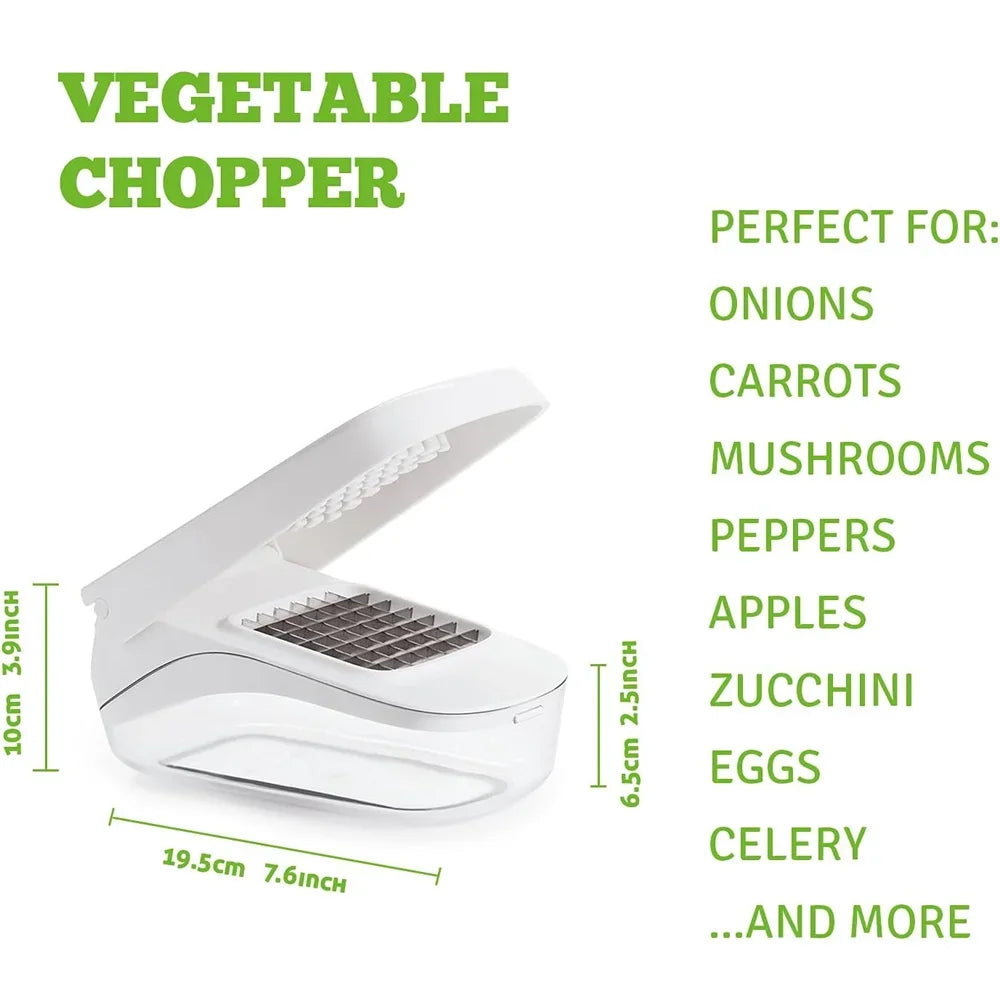 Vegetable chopper with dimensions and a list of vegetables it can be used for on a white background.