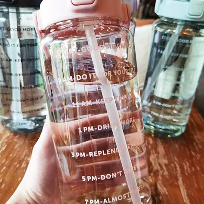 2L Water Bottle with Straw Time Marker Large Sports Fitness Cup
