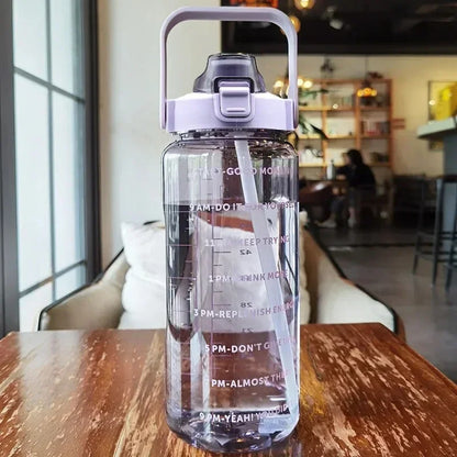 2L Water Bottle with Straw Time Marker Large Sports Fitness Cup