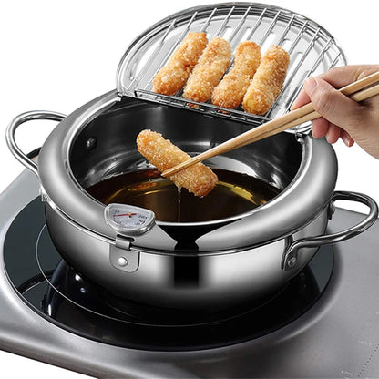 Japanese Deep Frying Pot with Thermometer Stainless Steel Fryer