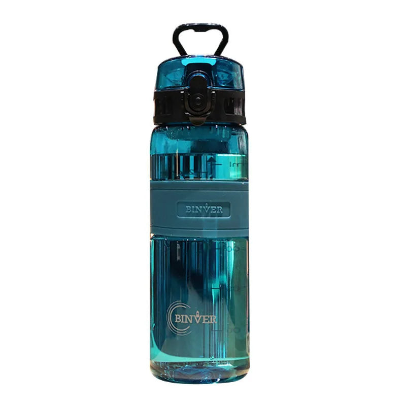Blue water bottle with black cap on a white background