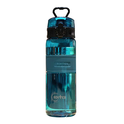 Blue water bottle with black cap on a white background