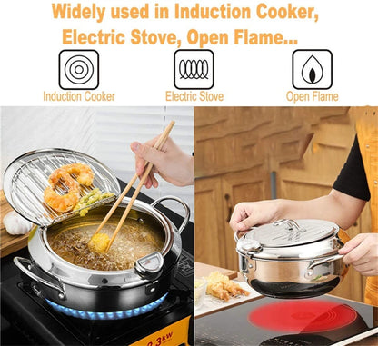 Japanese Deep Frying Pot with Thermometer Stainless Steel Fryer