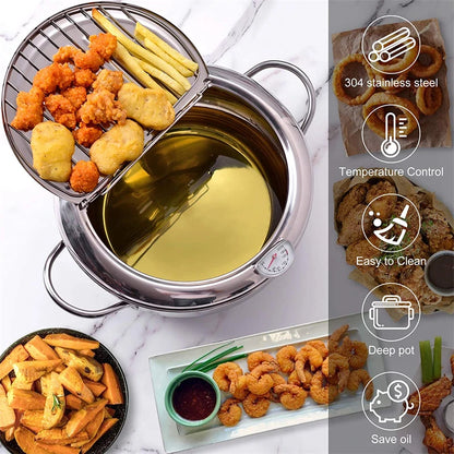 Japanese Deep Frying Pot with Thermometer Stainless Steel Fryer