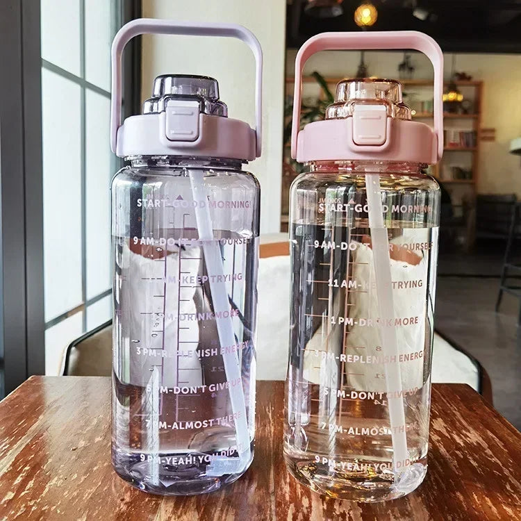 2L Water Bottle with Straw Time Marker Large Sports Fitness Cup