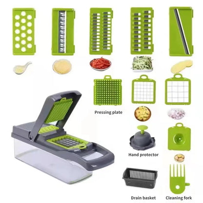 Multifunctional kitchen tool with various attachments on a white background
