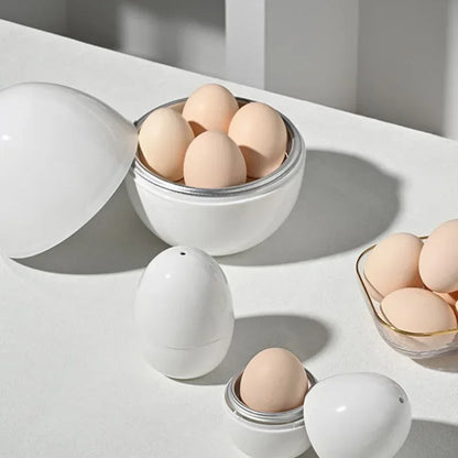 Eggs in white ceramic containers on a light surface