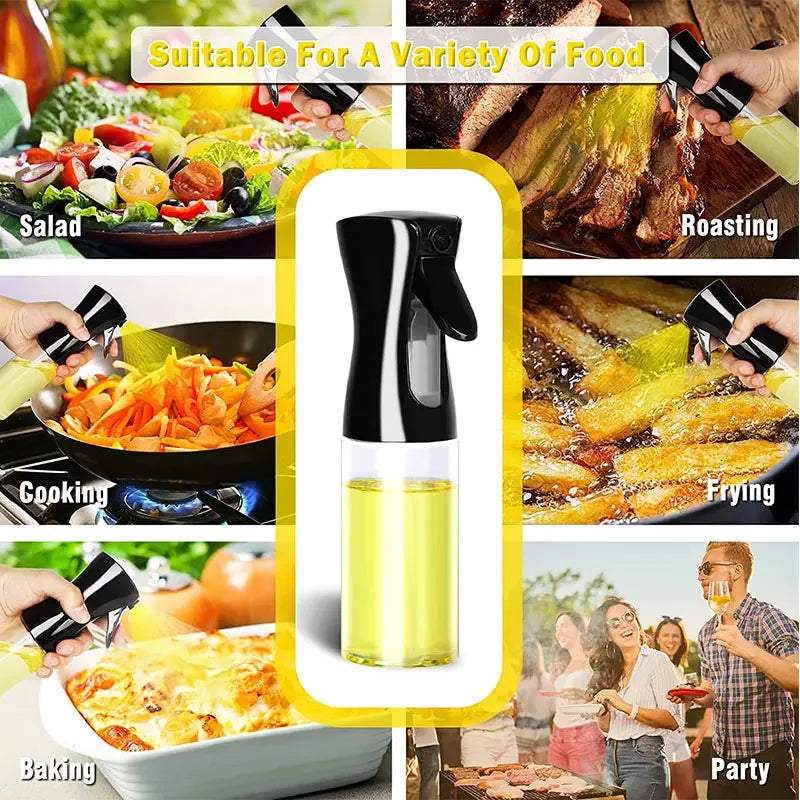 Olive oil sprayer surrounded by images of food preparation and people enjoying food.
