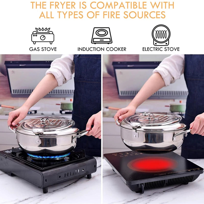 Stainless steel pot being used on a gas stove and induction cooktop with text indicating compatibility.