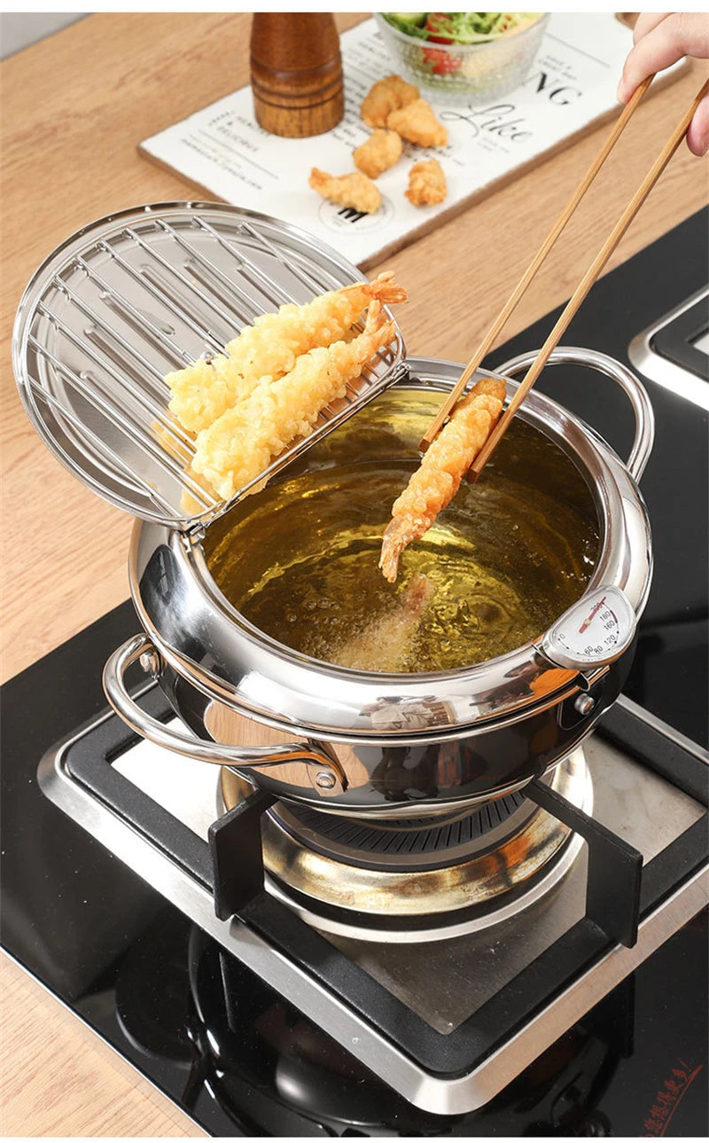 Japanese Deep Frying Pot with Thermometer Stainless Steel Fryer