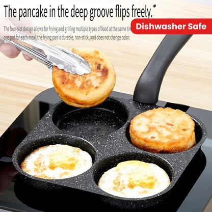 Four-slot frying pan with pancakes being lifted out, on a wooden surface.