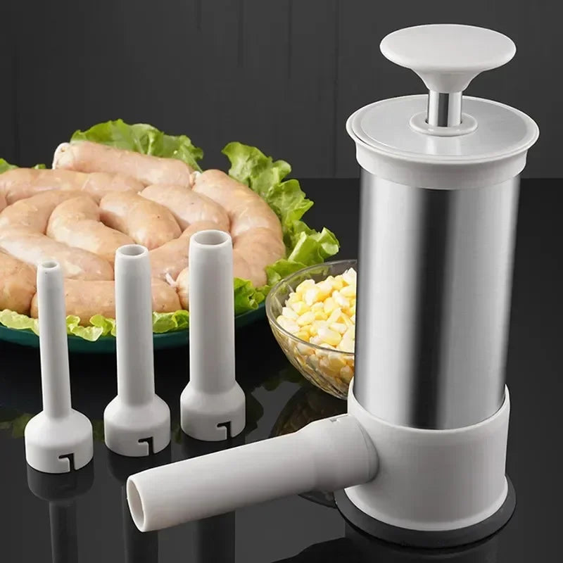 Meat tenderizer with attachments on a dark surface with ingredients in the background
