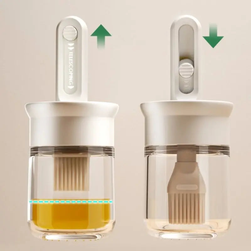 Two kitchen brushes with oil measurement indicators on a beige background
