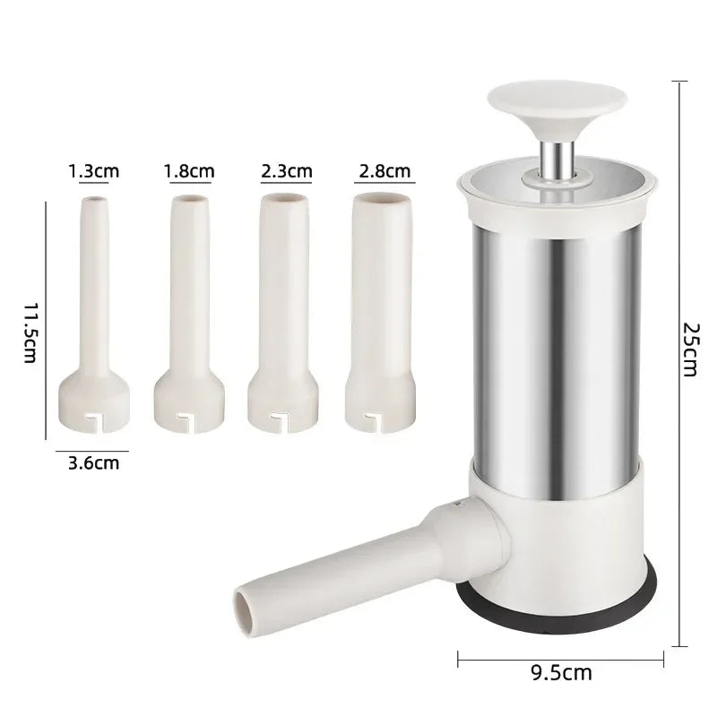 White manual press with metal cylinder and measurement details on a white background