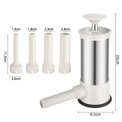 White manual press with metal cylinder and measurement details on a white background