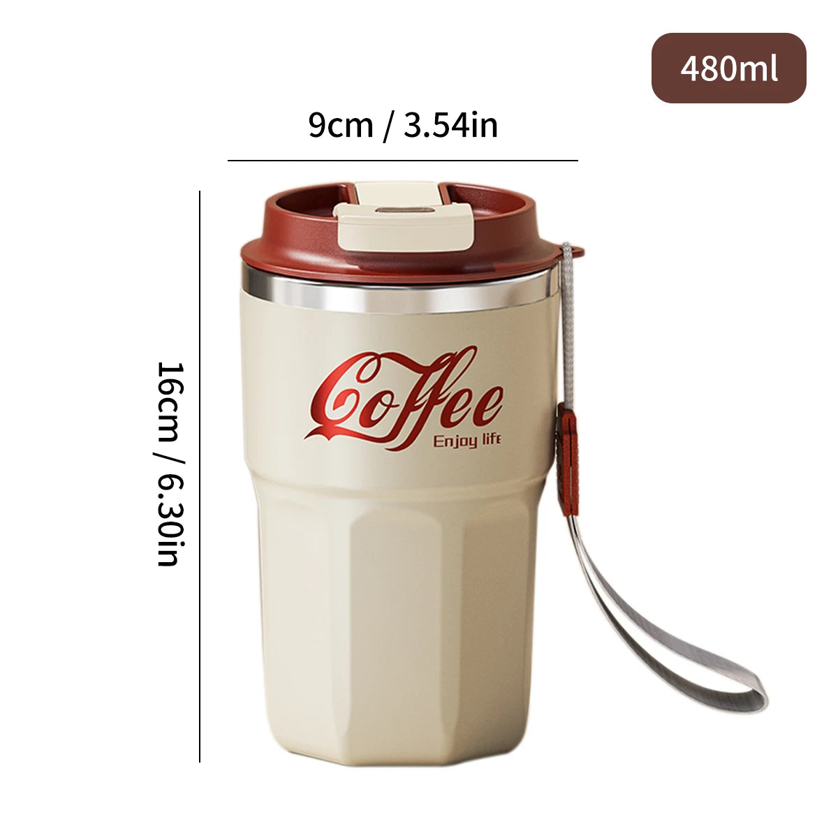 Beige travel mug with red 'Coffee Enjoy life' text, dimensions, and capacity displayed.