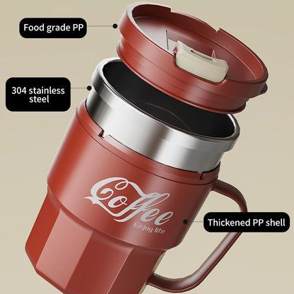 Red coffee mug with features highlighted on a beige background