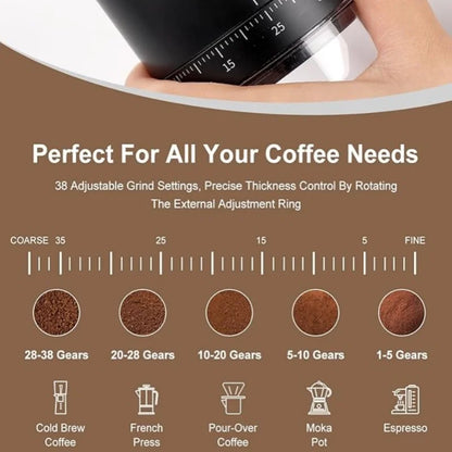 Coffee grinder with adjustable settings on a brown background