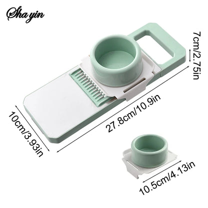 Green and white kitchen tool with measurement details on a white background