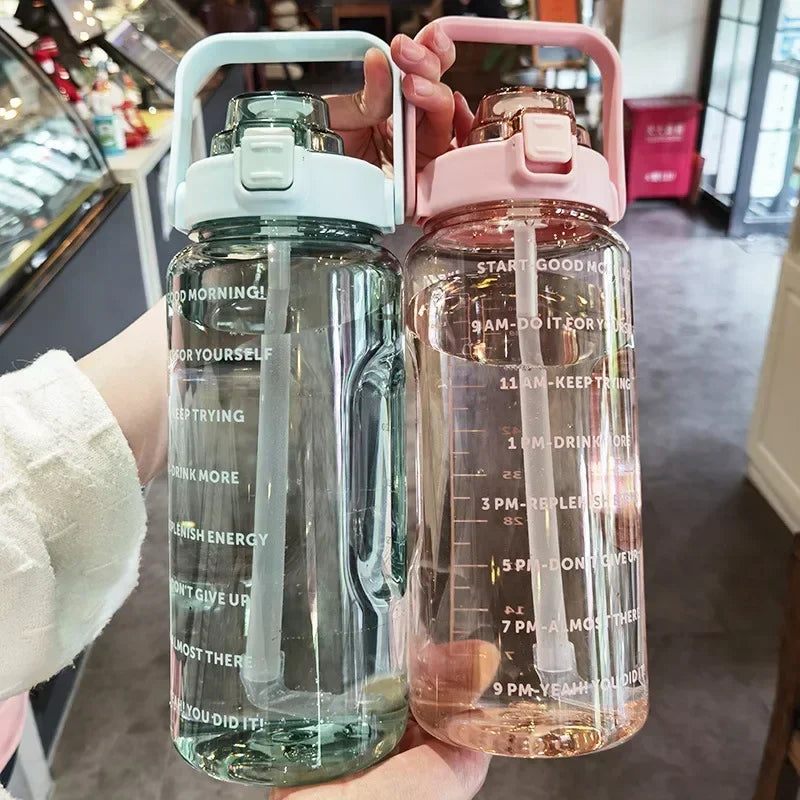 2L Water Bottle with Straw Time Marker Large Sports Fitness Cup