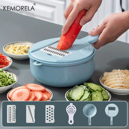 Person using a blue vegetable chopper with sliced vegetables on a table, featuring KEMORELA branding.