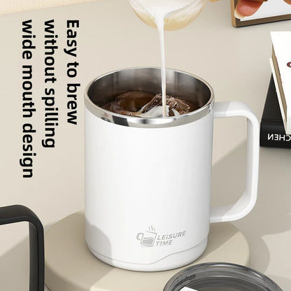 White mug with stainless steel interior being filled with a liquid, text indicating ease of brewing without spilling.