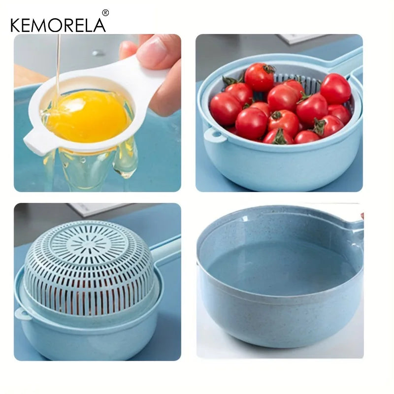 Collage of kitchen items including a strainer, bowl, and tomatoes with KEMORELA branding.