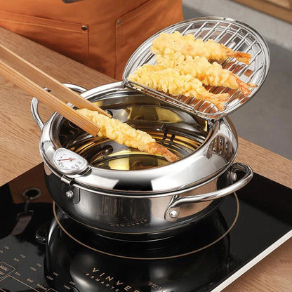 Japanese Deep Frying Pot with Thermometer Stainless Steel Fryer