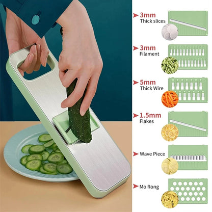 Vegetable slicer being used to slice a cucumber with illustrations of different slicing options on the side.