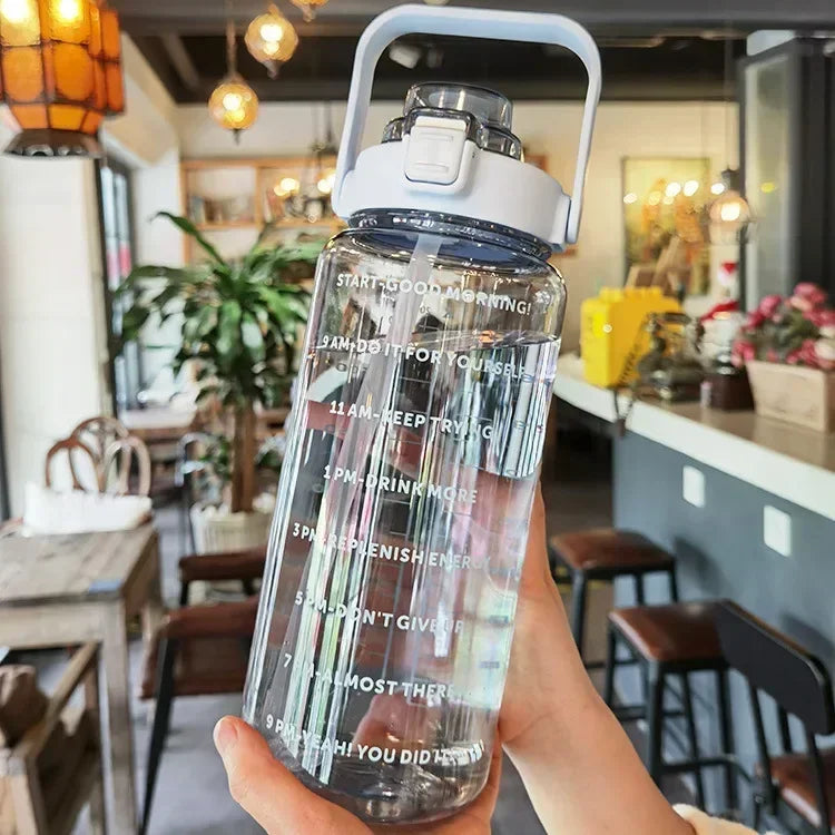2L Water Bottle with Straw Time Marker Large Sports Fitness Cup