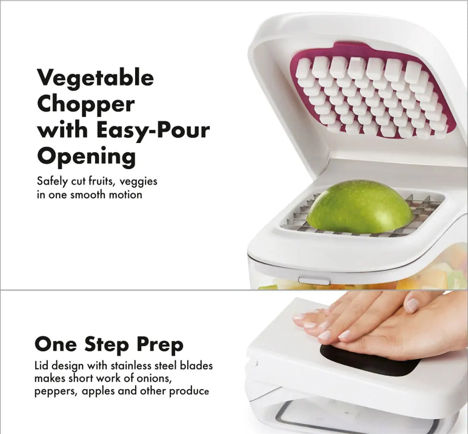 Vegetable chopper with a green apple inside, labeled 'Vegetable Chopper with Easy-Pour Opening'.