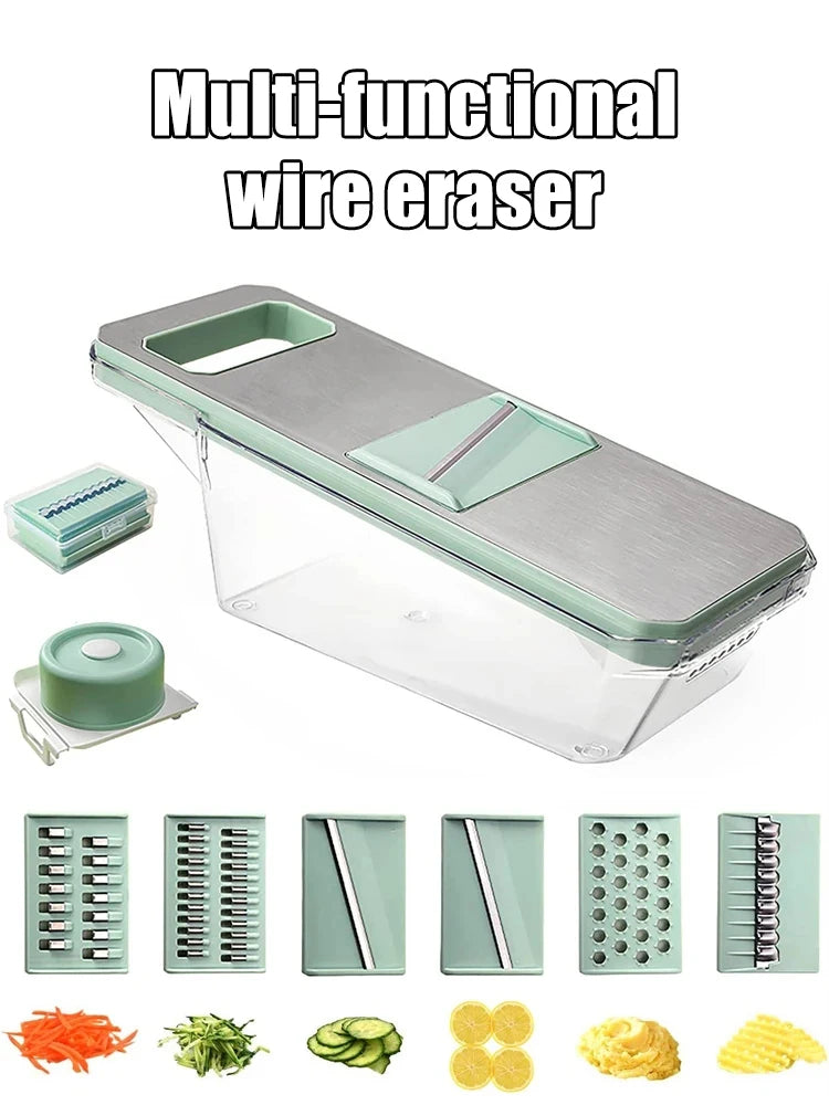 Multi-functional wire eraser with various attachments and examples of use on a white background