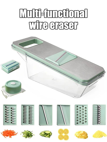 Multi-functional wire eraser with various attachments and examples of use on a white background