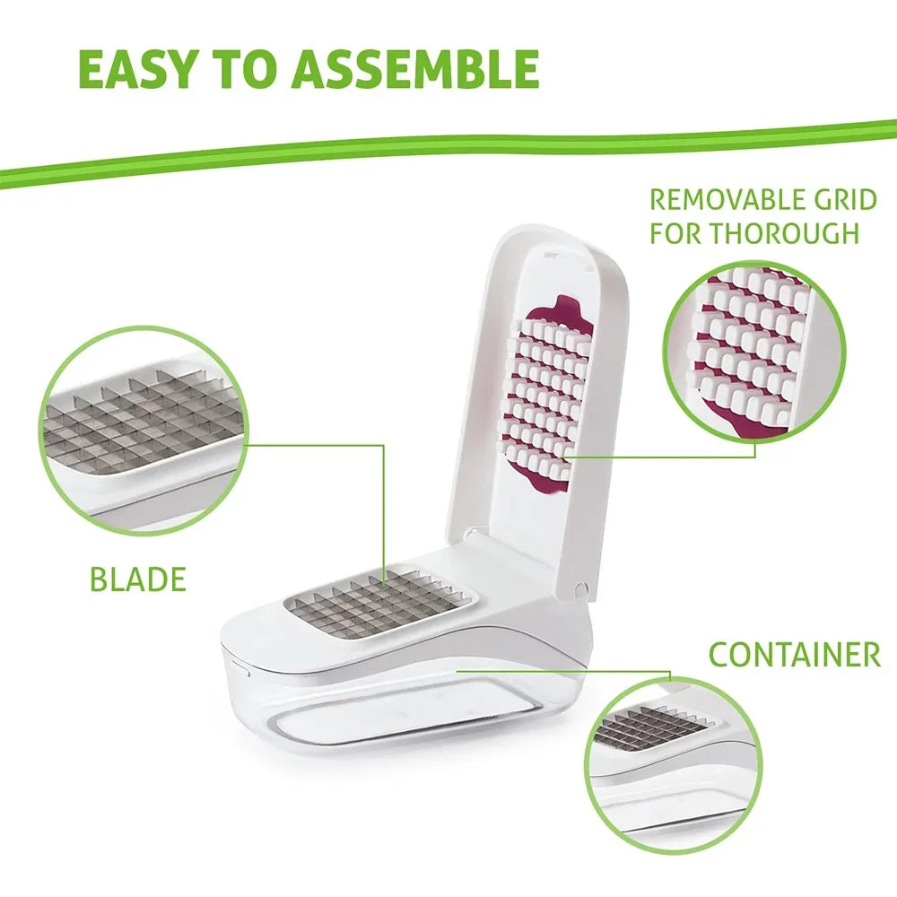 Dicer with removable grid, blade, and container on a white background