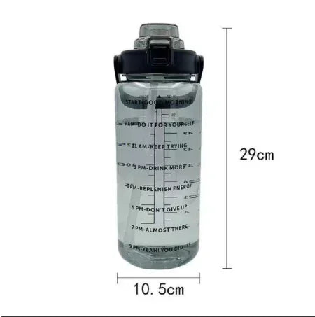 Clear water bottle with measurement markings and black cap, shown with dimensions on a white background.