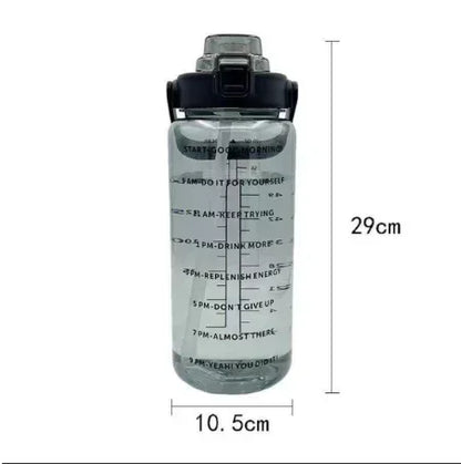 Clear water bottle with measurement markings and black cap, shown with dimensions on a white background.