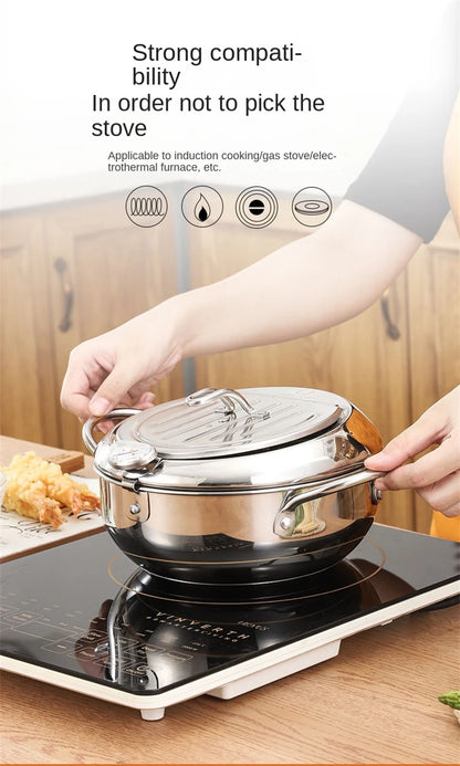 Japanese Deep Frying Pot with Thermometer Stainless Steel Fryer