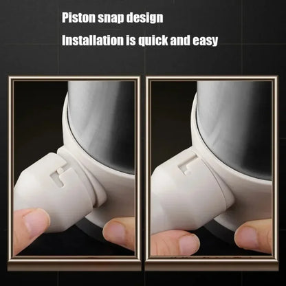 Piston snap design with text 'Installation is quick and easy' on a black background