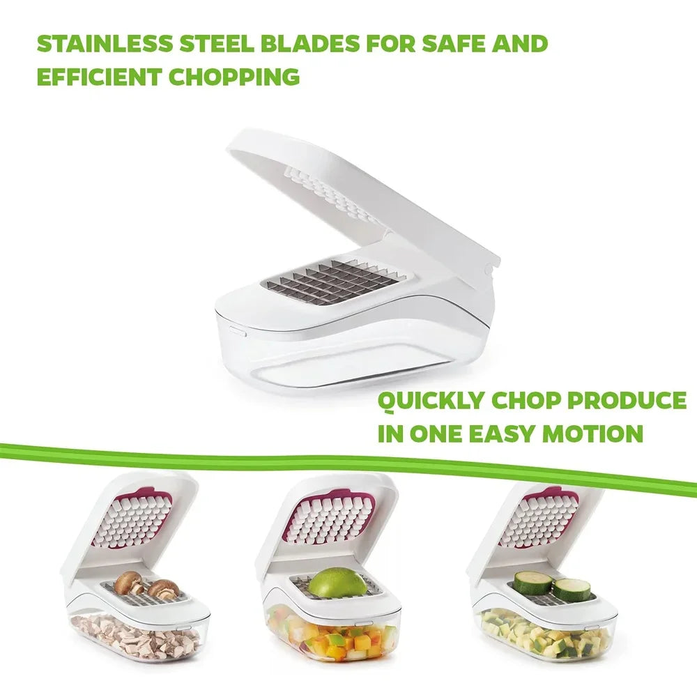 White vegetable chopper with stainless steel blades on a white background