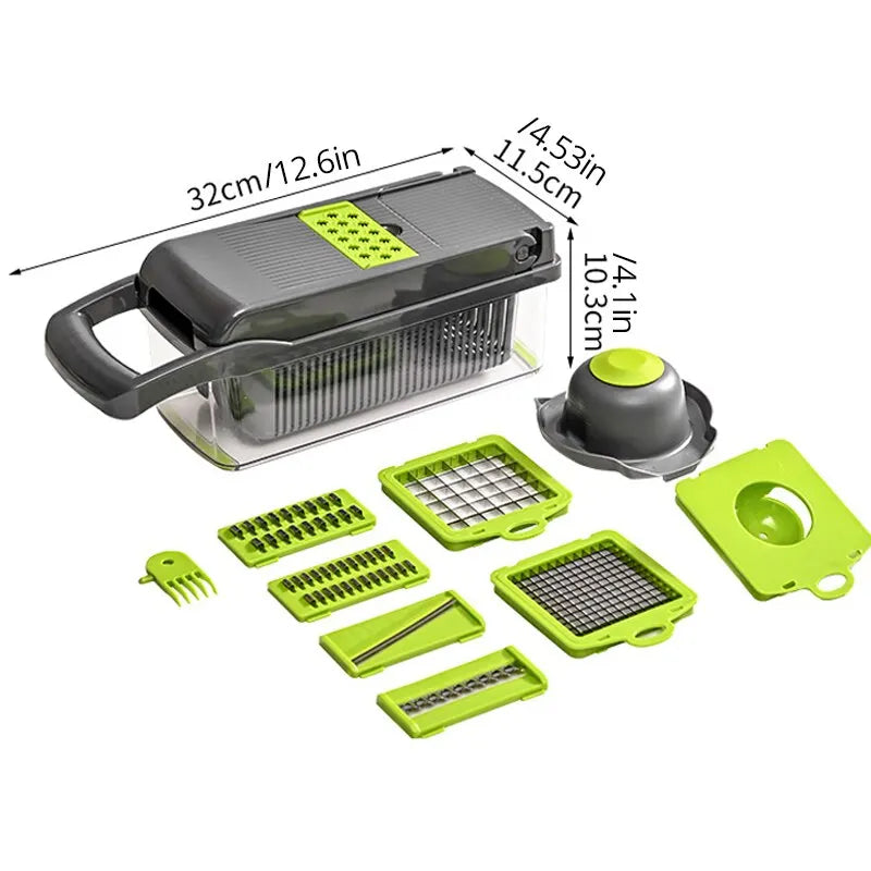 Multifunctional kitchen tool with various attachments and measurements on a white background