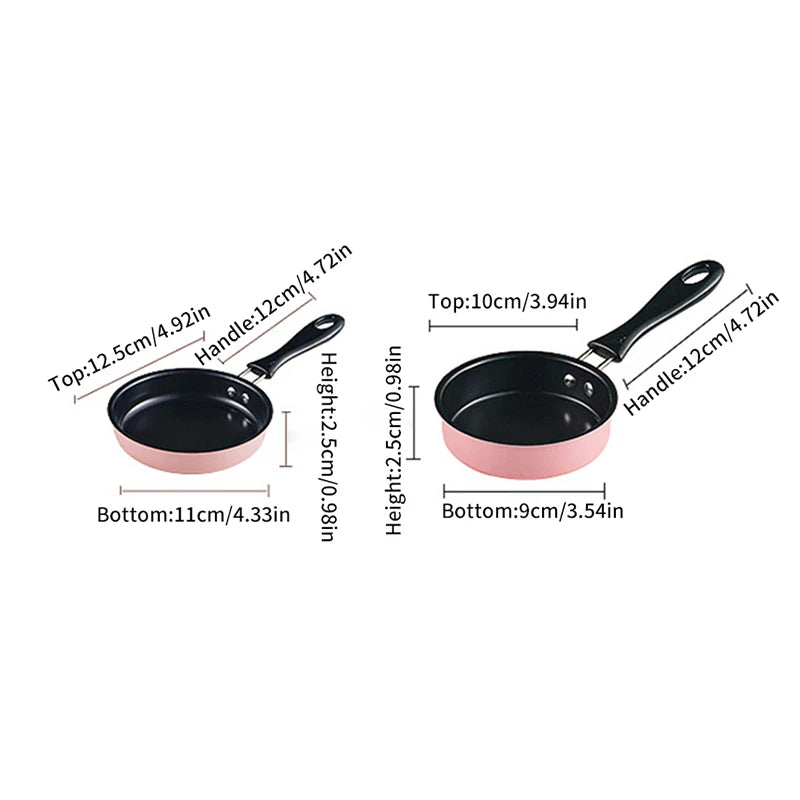 Measurement chart of a pink frying pan with dimensions labeled.