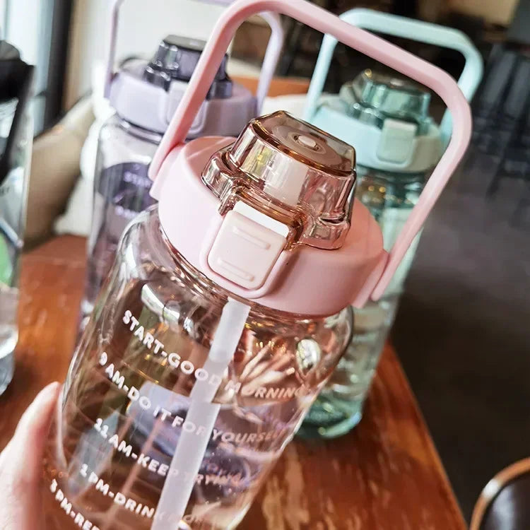 2L Water Bottle with Straw Time Marker Large Sports Fitness Cup