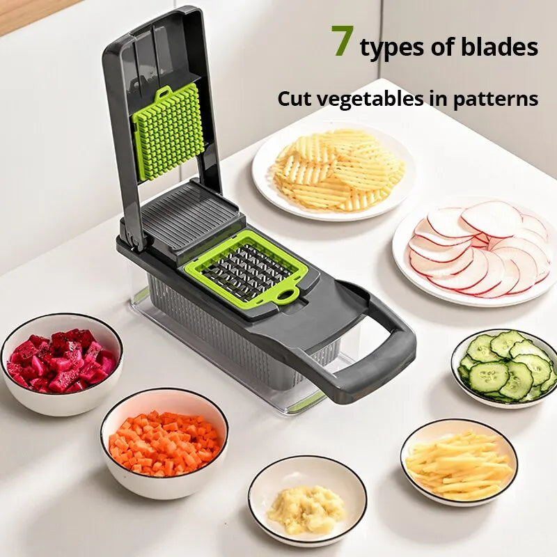Multifunctional vegetable chopper with various cut vegetables displayed on a table.