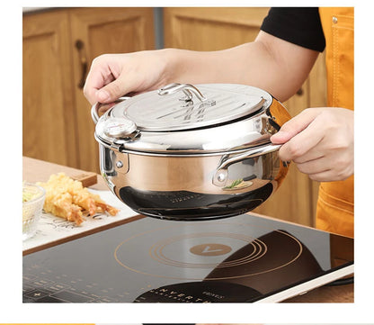 Japanese Deep Frying Pot with Thermometer Stainless Steel Fryer