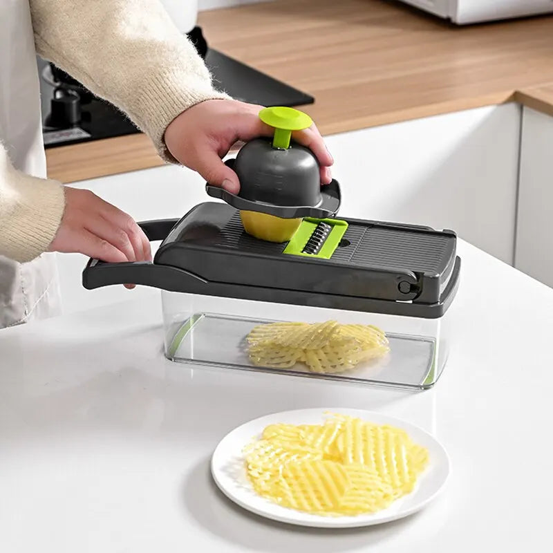 Person using a potato chip maker to create wavy-cut chips on a kitchen counter.